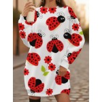 Women's Plus Size Long Sleeve Sweatshirt- Red Black Ladybug Floral Print Pullover, Regular Fit All-Season Sweater for Everyday& Formal Outfits, Machine Washable Casual Sweater for Women