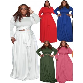 Plus Size Maxi Dress with Cutout Waist & Tie Front - Elegant Long Sleeve Wrap Front Evening Gown, Fit and Flare -Line Dress Suitable for Weddings, Parties, Prom - Solid Color Dress with Crew Neck & Slight Stretch Fabric