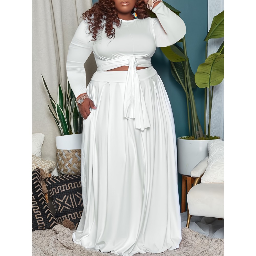 Plus Size Maxi Dress with Cutout Waist & Tie Front - Elegant Long Sleeve Wrap Front Evening Gown, Fit and Flare -Line Dress Suitable for Weddings, Parties, Prom - Solid Color Dress with Crew Neck & Slight Stretch Fabric