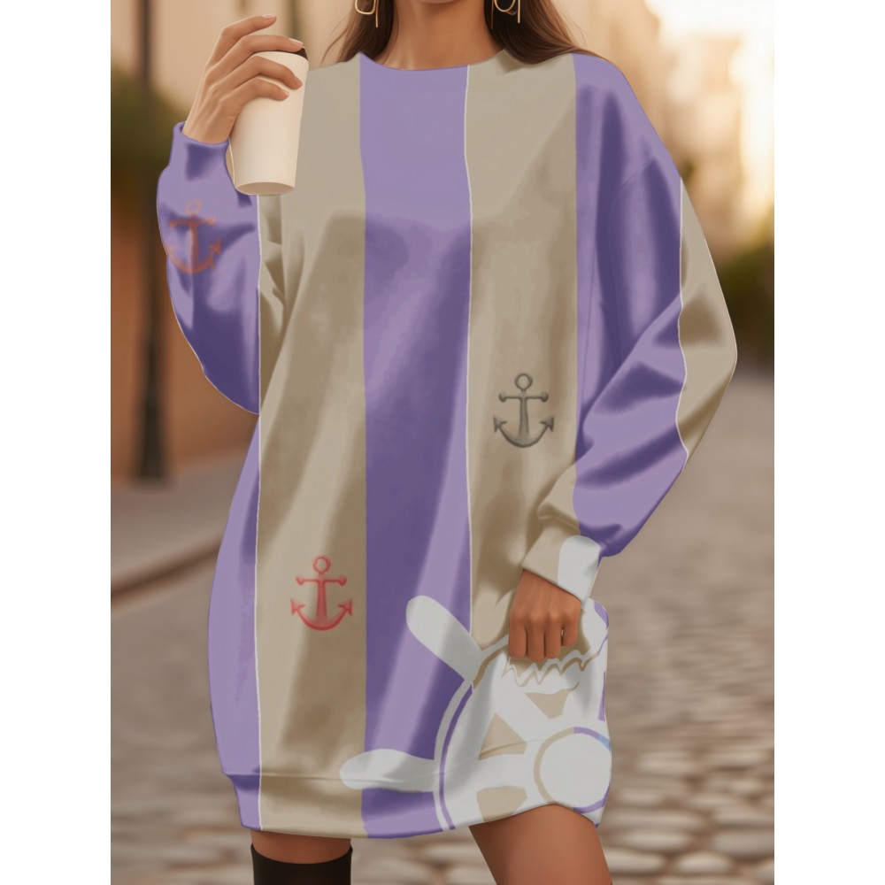 Plus Size Women'S Oversized Nautical 3D All-Over Print Sweatshirt - Winter Warm Crew Neck Long Sleeve Pullover with Anchor & Ship Wheel Design, Soft Fleece Fabric, Machine Washable, Casual Cozy Sweater for Home & Outdoors, Maritime-Themed Sweater fo