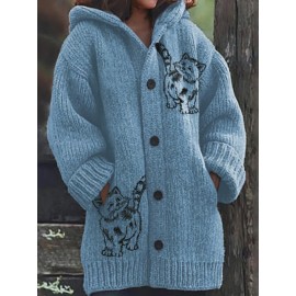 Plus Size Women'S Oversized Loose Fit Hooded Sweater Jacket - Cozy Winter Warm Coat with Print & V-Neck, Full-Zip Front Closure, Machine Washable Casual Outerwear for Curvy Women, Plus Size Sweater Coat for Fall and Winter, Sweaters for Women