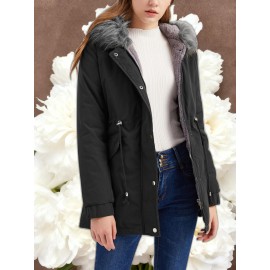 Women'S Solid Color Mid Length Hooded Winter Warm Plus Fleece Coat | Plus Size XL-5XL Windbreakers for Female, Casual Style with Zipper Front, Long Sleeve, Hooded, Non-Stretch Fabric for Outdoor Travel, Commuting, Everyday Jackets, Parka, Cardigan