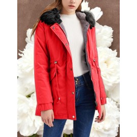 Women'S Solid Color Mid Length Hooded Winter Warm Plus Fleece Coat | Plus Size XL-5XL Windbreakers for Female, Casual Style with Zipper Front, Long Sleeve, Hooded, Non-Stretch Fabric for Outdoor Travel, Commuting, Everyday Jackets, Parka, Cardigan