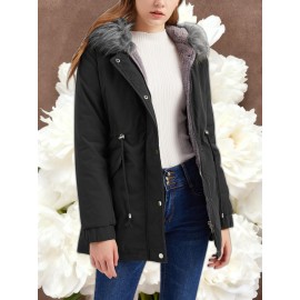 Women'S Solid Color Mid Length Hooded Winter Warm Plus Fleece Coat | Plus Size XL-5XL Windbreakers for Female, Casual Style with Zipper Front, Long Sleeve, Hooded, Non-Stretch Fabric for Outdoor Travel, Commuting, Everyday Jackets, Parka, Cardigan