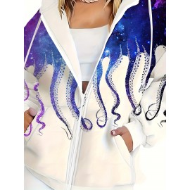 Women'S Plus Size Hooded Zip-Up Sweatshirt - Neon Blue & Purple Starry Sky Octopus Tentacle Print, Soft Medium Stretch Fabric, Drawstring Hood & Pockets, Machine Washable Casual Outerwear For Autumn/winter, Versatile Layering Piece