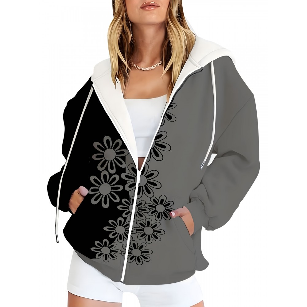 This Women'S Zip-Up Hoodie Features a Two-Tone Design with an Adjustable Drawstring, Floral Patterns, And Is Made from Mid-Stretch Fabric That Is Both Machine Washable And Breathable. It'S a Must-Have for Casual Wear in Spring And Fall