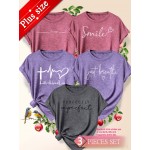 5pcs Plus Size Women'S Tops | Courage Heartbeat Just Breathe Pattern Print, Literary Style, Casual Versatile Round Neck, Comfortable Breathable, Oversized Loose Fit, 1XL-5XL Size