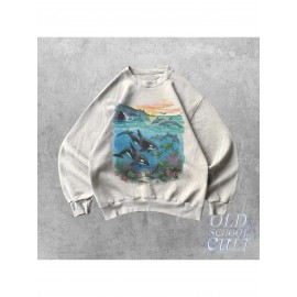 Orcas Sunset Sea Scene Vintage 90s Shipping Ornament, Retro Ocean Dolpin Sweater, Cute Sea Turtle Sweater, Ocean Gifts, Cozy Warm Unisex Sweater