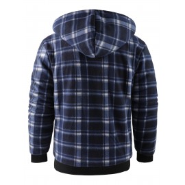 Trendy Hooded Plaid Jacket for Men, Perfect for Autumn And Winter, Made with Fleece And Durable Fabric