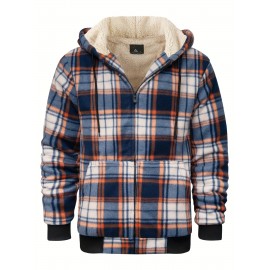 Trendy Hooded Plaid Jacket for Men, Perfect for Autumn And Winter, Made with Fleece And Durable Fabric
