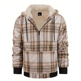 Trendy Hooded Plaid Jacket for Men, Perfect for Autumn And Winter, Made with Fleece And Durable Fabric