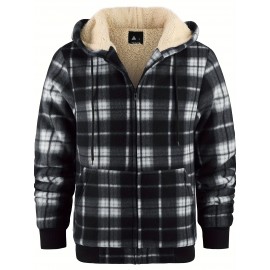 Trendy Hooded Plaid Jacket for Men, Perfect for Autumn And Winter, Made with Fleece And Durable Fabric