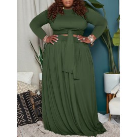 Plus Size Maxi Dress with Cutout Waist & Tie Front - Elegant Long Sleeve Wrap Front Evening Gown, Fit and Flare -Line Dress Suitable for Weddings, Parties, Prom - Solid Color Dress with Crew Neck & Slight Stretch Fabric
