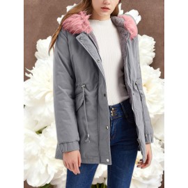 Women'S Solid Color Mid Length Hooded Winter Warm Plus Fleece Coat | Plus Size XL-5XL Windbreakers for Female, Casual Style with Zipper Front, Long Sleeve, Hooded, Non-Stretch Fabric for Outdoor Travel, Commuting, Everyday Jackets, Parka, Cardigan