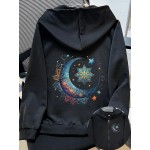 Women'S Light Pink Celestial Night Sky Hooded Jacket - Stretch All-Season Coat with Moon & Stars Back Print, Bohemian-Inspired Design, Machine Washable Casual Outerwear, Drawstring Hood & Long Sleeves for Everyday to Special Occasions (No Belt Requi