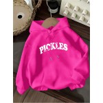 Women's Pink Oversized Hoodie with Pickle Print & Cucumber Dill Pickles Lettering - Cute Casual Sweatshirt, Kangaroo Pocket, Drawstring Hood, All-Season Loose Fit (Machine Washable) - Pickles-Themed Outfit