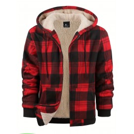 Trendy Hooded Plaid Jacket for Men, Perfect for Autumn And Winter, Made with Fleece And Durable Fabric