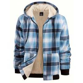 Trendy Hooded Plaid Jacket for Men, Perfect for Autumn And Winter, Made with Fleece And Durable Fabric